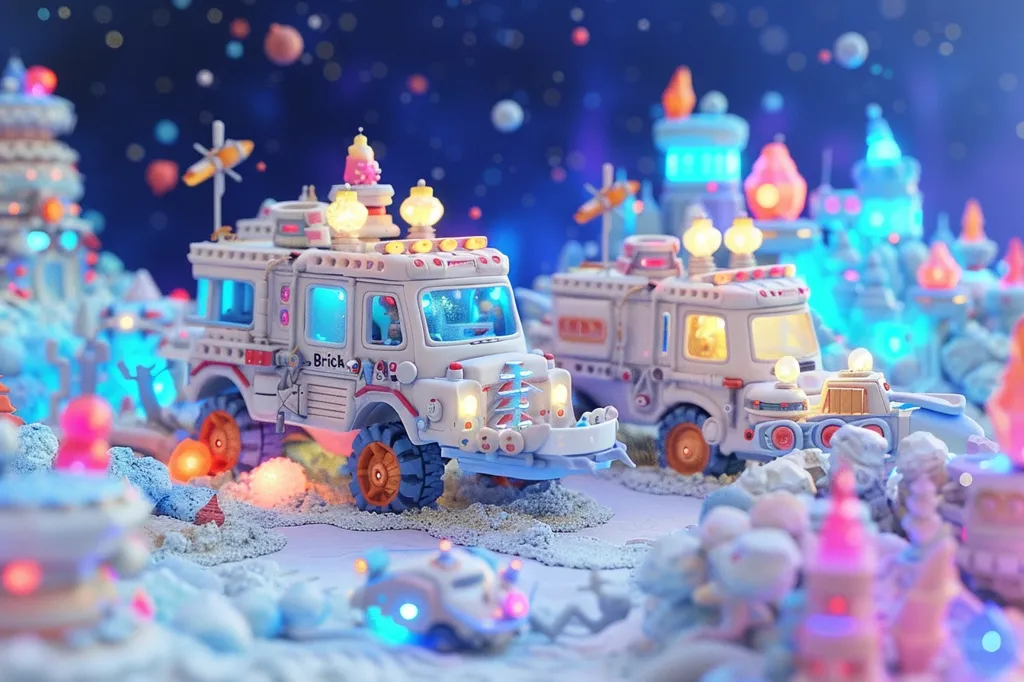 A miniature city landscape with white, blue and pink buildings and vehicles.  The central focus is a white, futuristic vehicle with lights and a sign that reads "Brick". There are other similar vehicles in the background and the scene is set in a snowy landscape with a twinkling blue starry sky.  The overall impression is whimsical and playful, like a child's imagination come to life.
