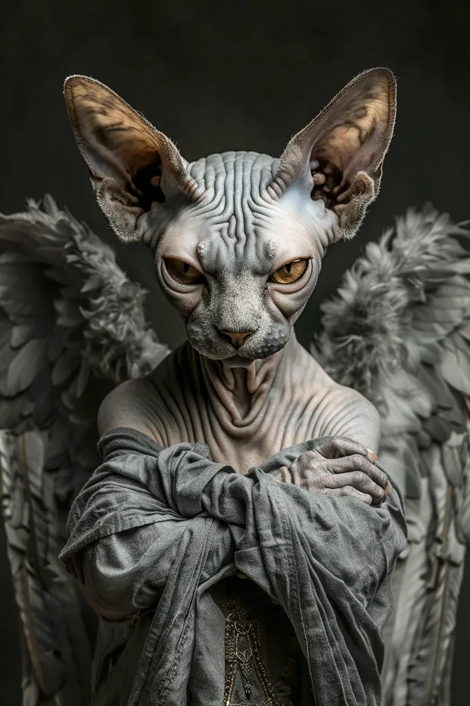 A Sphynx cat with large, pointed ears and a wrinkled, hairless body is shown with feathery angel wings behind it.  It is wearing a gray robe and has its arms crossed in a defiant posture. The cat's eyes are large and yellow, and its expression is serious and intense.  The image is shot against a dark background.