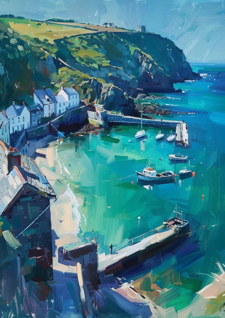 A painting depicts a picturesque coastal scene.  A small town nestled against a verdant cliff overlooks a tranquil harbor.  The turquoise water is dotted with boats, and a lone figure stands on a pier.  The scene is rendered in a loose, impressionistic style, emphasizing light and color.  The painting evokes a sense of peace and tranquility.