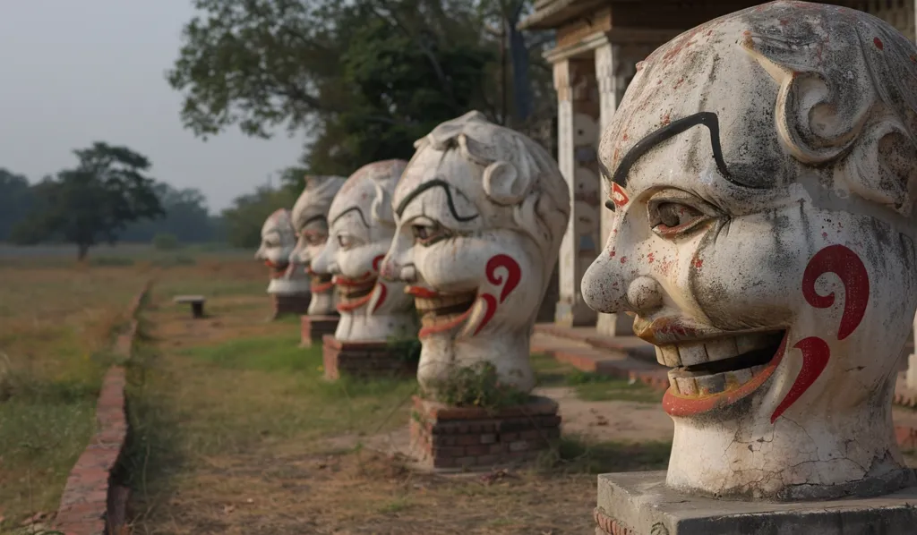 A row of weathered, grinning sculptures stand in a field. The sculptures are large, white heads with exaggerated features and red paint accents. They are arranged in a line, facing forward, creating a sense of unsettling formality. The heads are surrounded by green grass and a brick path leading to the distance.  The background features trees and a stone building.