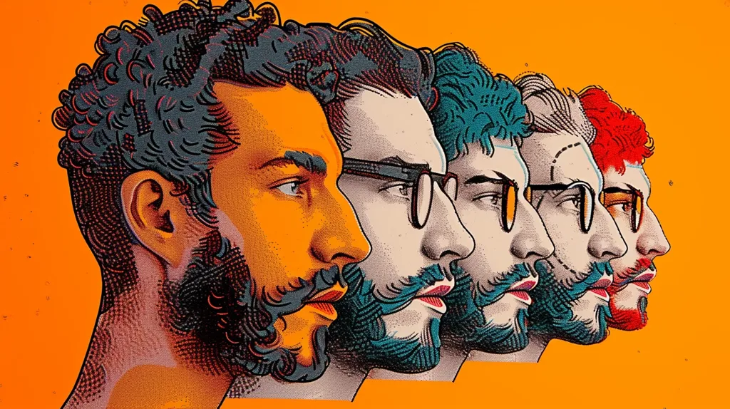 The image features four men's faces in profile, each with distinct hairstyles and facial hair. The men are drawn in a comic book style, with bold lines and vibrant colors. They are arranged in a line, with the first man's face dominating the image. The background is a solid orange color, which contrasts with the men's faces and creates a dynamic visual effect. The overall impression is one of a stylized and energetic portrayal of masculinity.