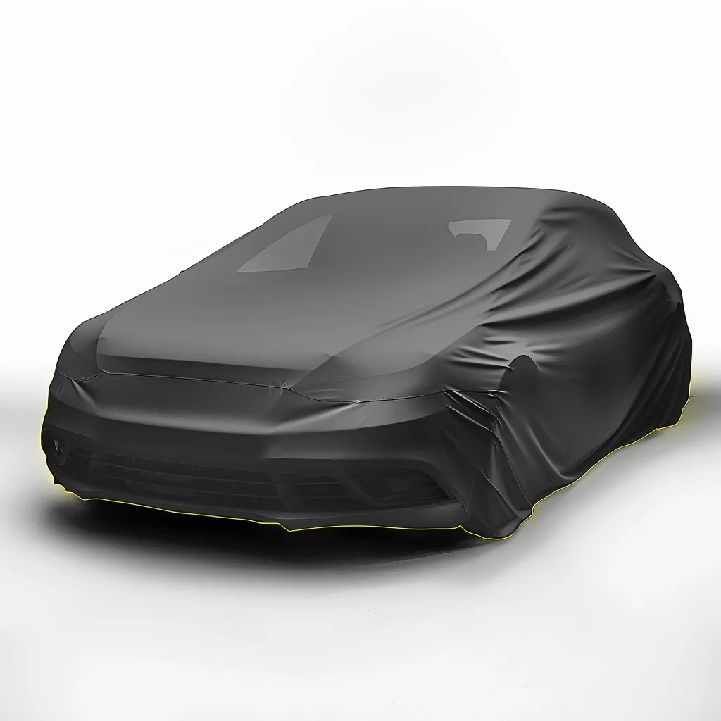 A black car is covered with a black car cover. The car cover is smooth and tightly fitted over the car's body. The car is sitting on a white surface with a soft shadow beneath it. The image is focused on the car and cover, with a clean white background.  The overall impression is one of sleekness and protection.