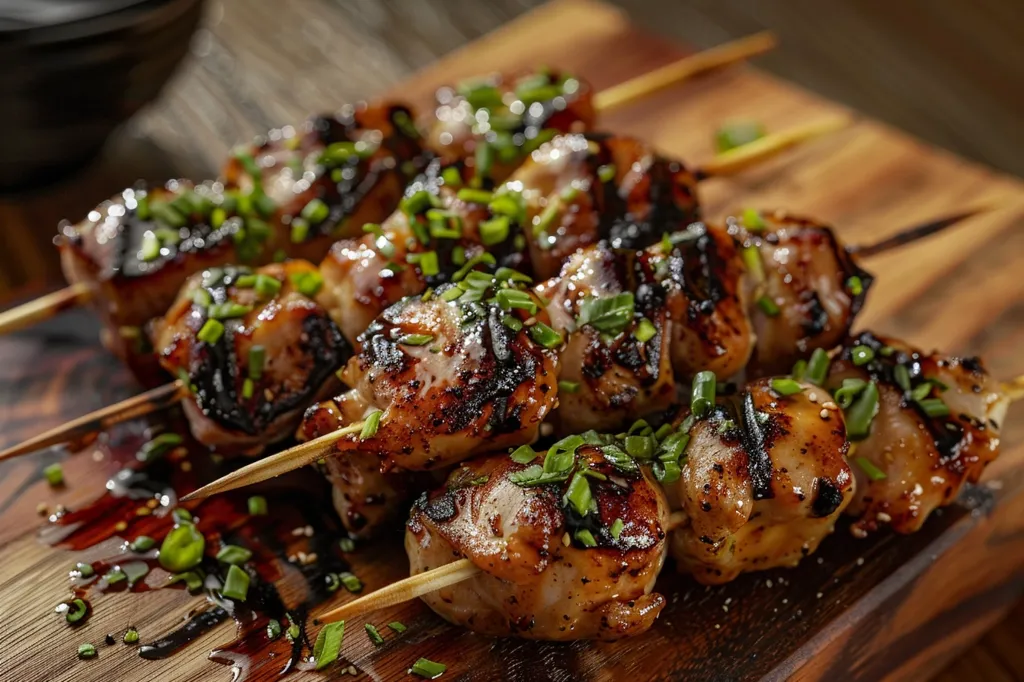 A close-up shot of grilled chicken skewers with scallions and sesame seeds. The skewers are arranged on a wooden cutting board, with a dark brown sauce drizzled over them.  The chicken is cooked to perfection, with a crispy exterior and a juicy interior.  The scallions add a touch of freshness, while the sesame seeds provide a nutty flavor. This dish looks absolutely delicious.