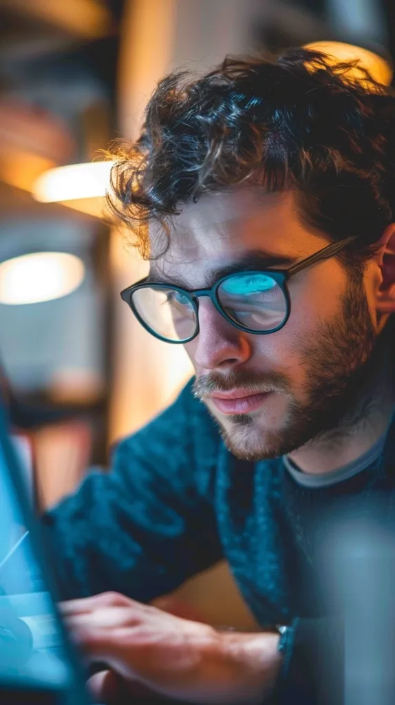 A young man with curly brown hair, wearing round-rimmed glasses, is looking intently at a laptop screen. He has a light beard and is wearing a blue shirt. The lighting is warm and the background is blurred, suggesting a cozy setting. His focused expression hints at concentration and engagement with the task at hand.