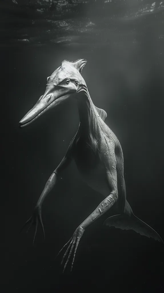 A black and white image of a creature with a long neck and a long, thin snout swimming underwater. Its body is slender and its limbs are long and thin, ending in clawed hands. The creature appears to be swimming towards the surface of the water. The image is dark and mysterious, with the creature's form barely visible against the black background. The light from above gives the creature an eerie glow.