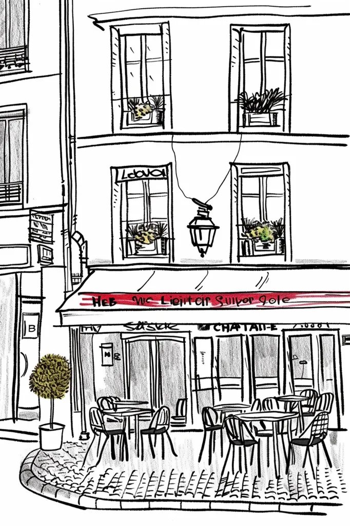 A black and white sketch of a Parisian cafe.  The cafe has a red awning with French writing on it.  There are tables and chairs set up outside, and a small bush in a pot.  The cafe is situated on a cobblestone street and the buildings around it have windows with potted plants.  A light hangs above the cafe entrance.