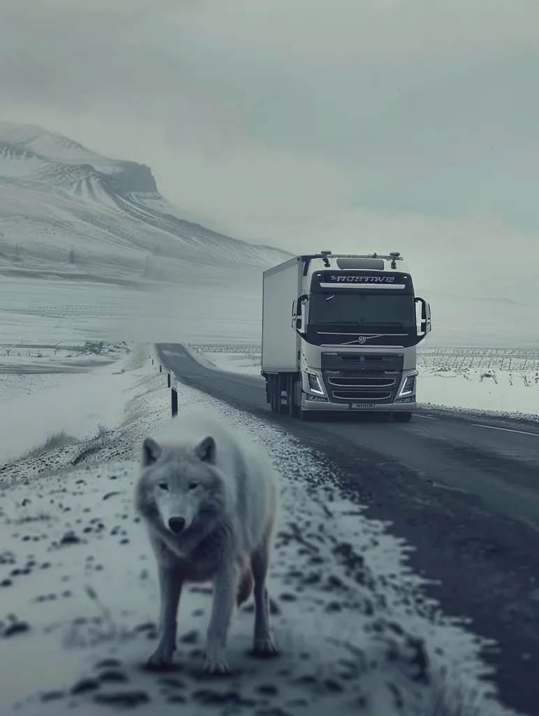 A lone white wolf stands in the snowy landscape, looking towards a white semi-truck driving down a paved road in the distance. The scene is dominated by a gray sky and snow-covered ground, creating a stark and desolate backdrop. The wolf's intense gaze suggests a sense of isolation and resilience, a solitary creature navigating a harsh and unforgiving environment.