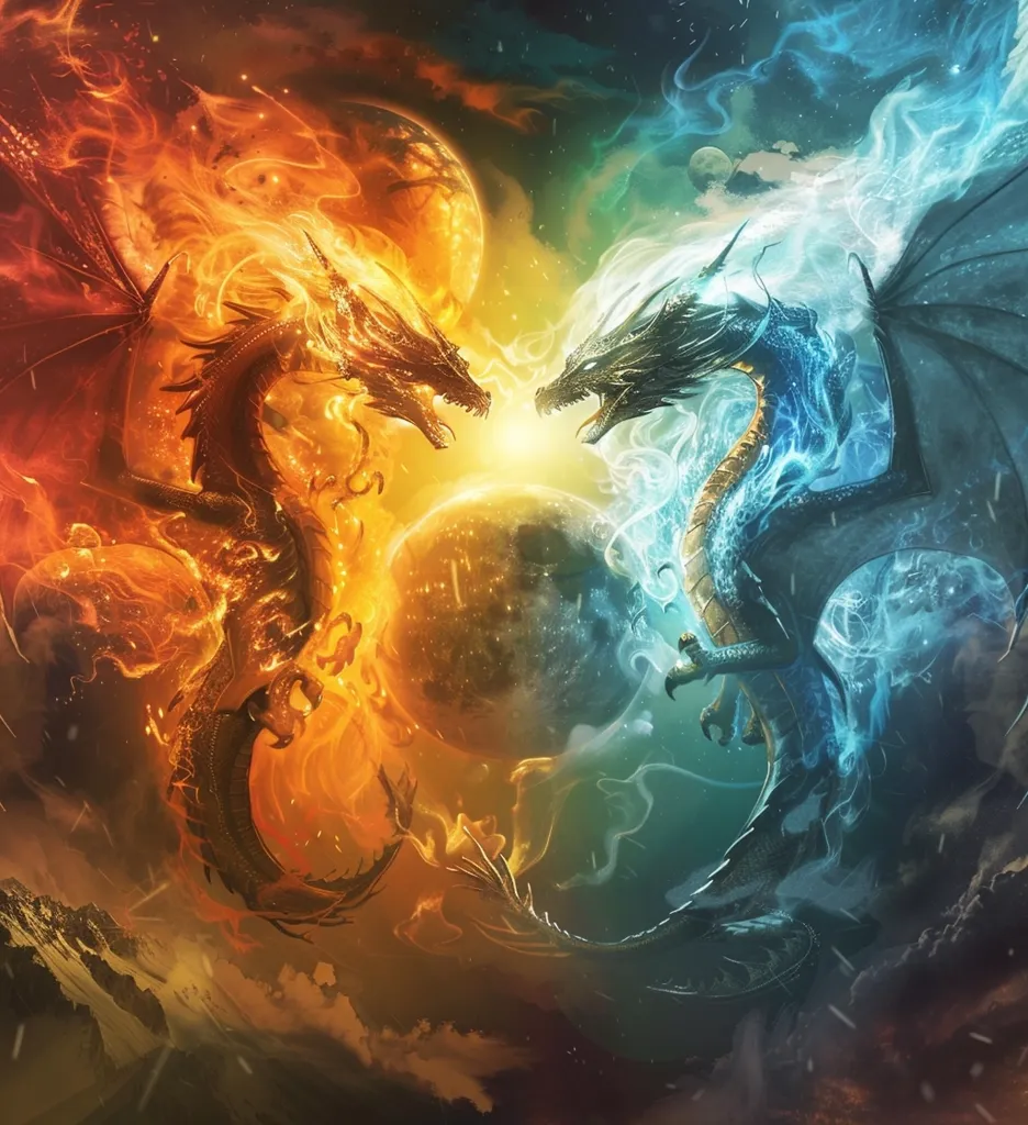 Two dragons face each other in a cosmic battle. One is engulfed in flames, with a fiery orange glow, while the other is surrounded by swirling blue mist. They are locked in a tense confrontation, their eyes meeting across the void.  Behind them are planets, one golden and one blue, symbolizing the contrasting forces at play. The background is a nebula of swirling colors, adding to the sense of cosmic chaos and grandeur.