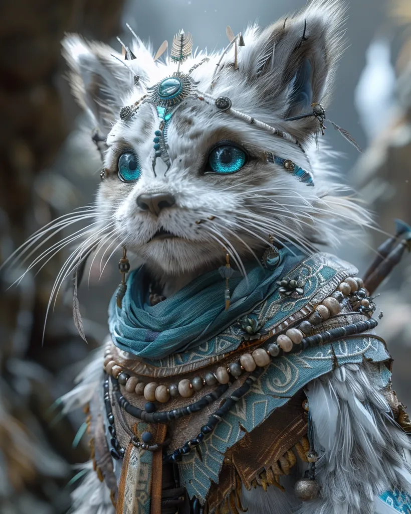 The image depicts a white, furry cat with piercing blue eyes. It wears a decorative headpiece adorned with feathers, beads, and a turquoise gem. A blue scarf and intricate necklaces with beads and feathers adorn its neck. The cat's gaze is focused intently, and its fur appears soft and fluffy. The overall image is one of a majestic, regal creature with an air of wisdom and mystery.