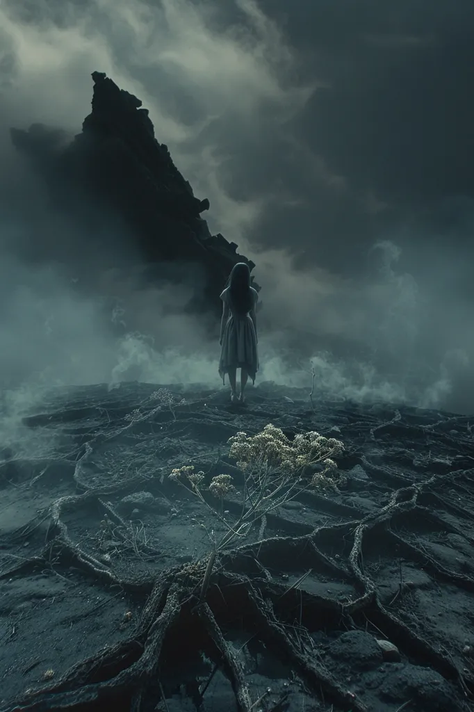 A solitary figure in a white dress stands on a desolate, gray landscape, her back to the viewer.  The background is shrouded in mist, with a dark, looming rock formation in the distance. The foreground is covered in a network of gnarled roots, adding to the eerie atmosphere. The overall tone of the image is one of isolation and mystery.