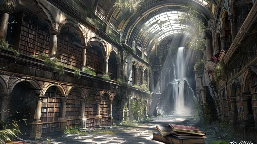 A grand, decaying library with vaulted ceilings and a glass roof, now overgrown with vines and plants. A waterfall cascades through the center, illuminating the space with ethereal sunlight. The shelves are filled with books, a testament to a forgotten past, yet still holding the potential for knowledge. A pile of books sits in the foreground, inviting exploration.