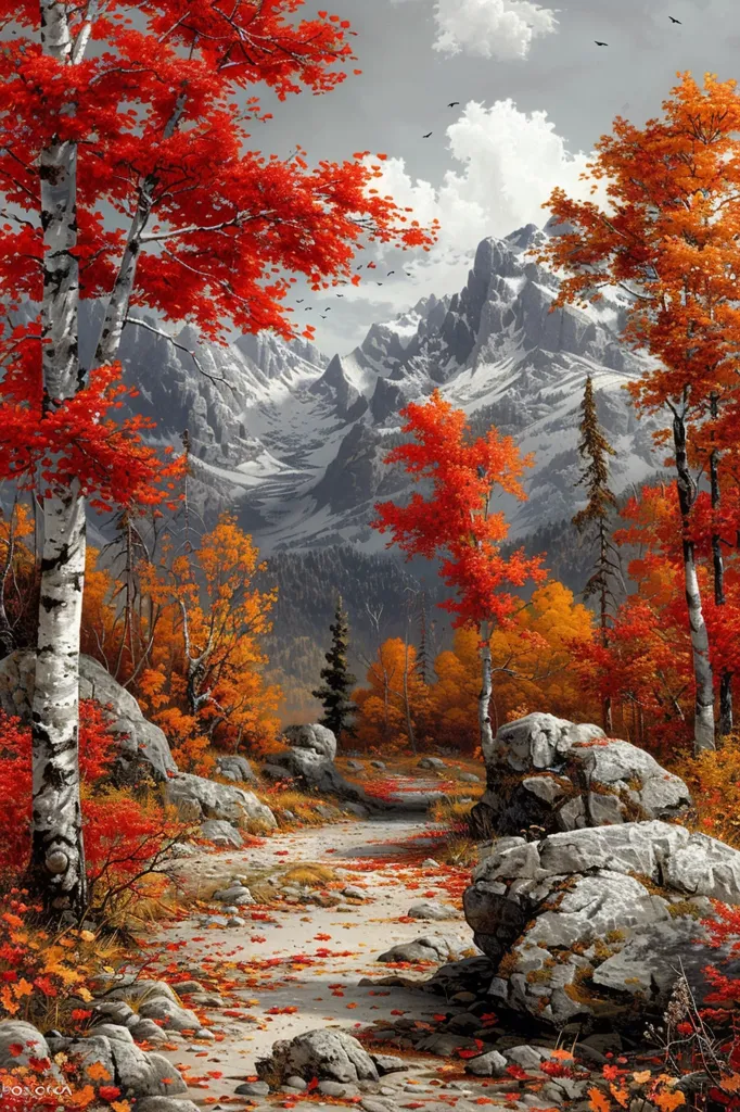 A winding path leads through a vibrant autumnal forest, nestled against a backdrop of snow-capped mountains.  The trees are ablaze with a spectrum of reds, oranges, and yellows, while a lone birch tree stands tall in the foreground.  Fallen leaves blanket the path, creating a picturesque scene of nature's beauty.  The crisp air and tranquil atmosphere invite a peaceful stroll.  The mountain peaks rise majestically in the distance, adding a sense of grandeur to the scene.