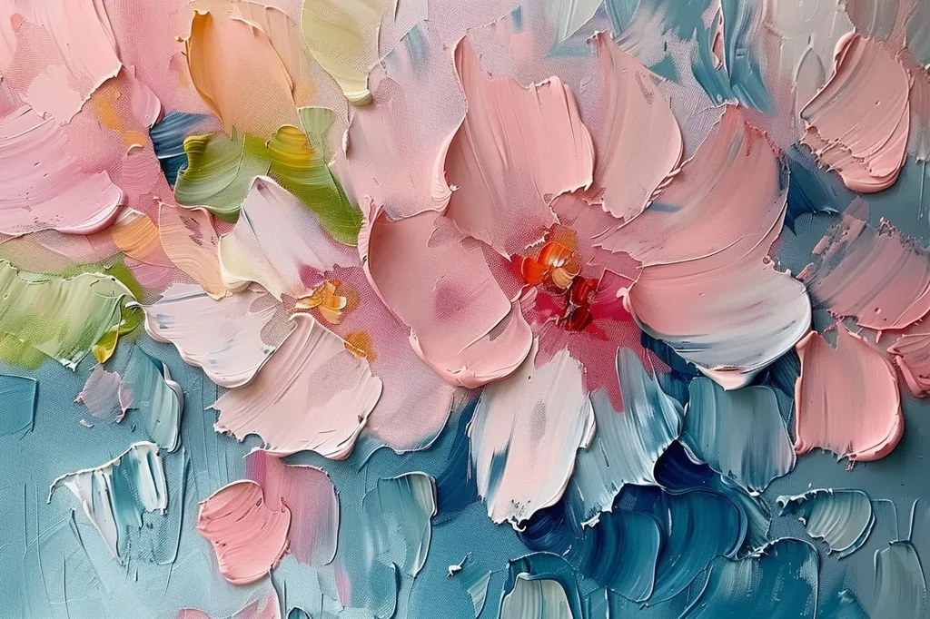 The image is an abstract painting depicting a floral scene. The flowers are painted in soft pink and white hues, with hints of green and yellow. The background is a vibrant blue with hints of white, creating a contrast between the delicate flowers and the bold backdrop. The thick layers of paint create a textured and expressive surface.  The overall effect is one of delicate beauty and vibrant energy.