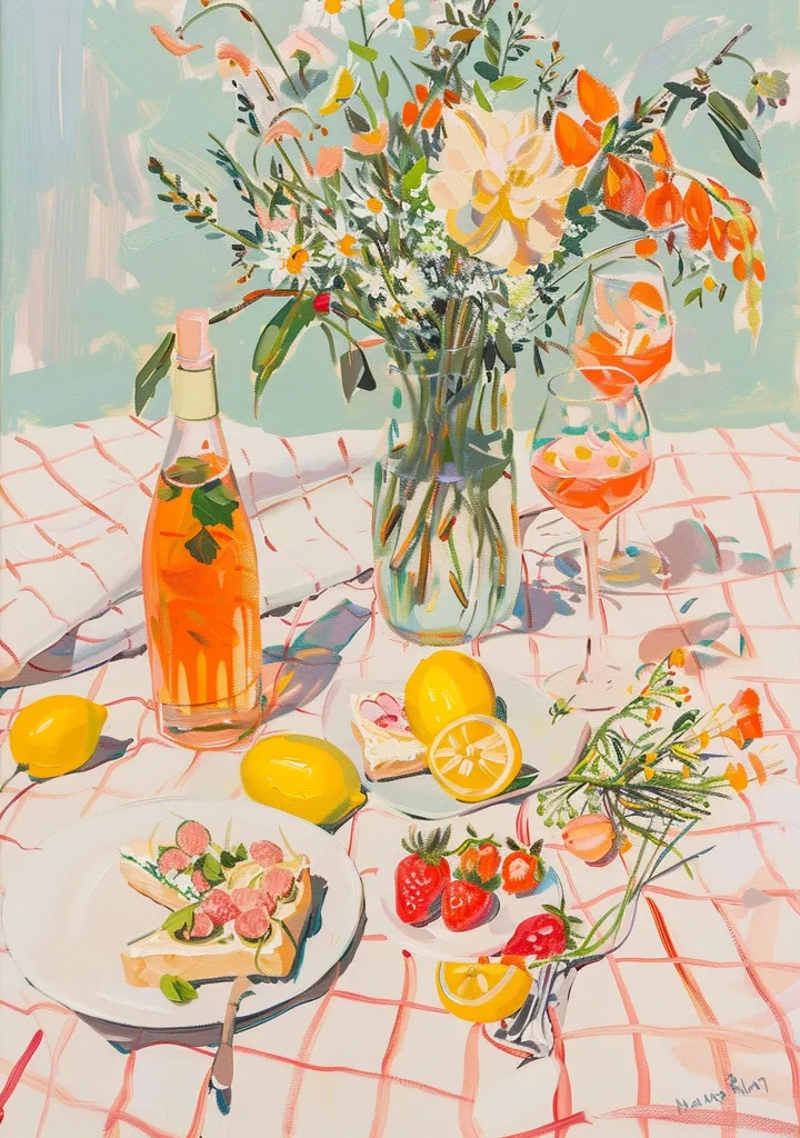 A still life painting of a picnic on a checkered tablecloth. A bouquet of flowers in a vase, a bottle of wine, two glasses of wine, a plate of sandwiches, a plate of strawberries, and lemons scattered around. The painting is done in a bright and colorful style.