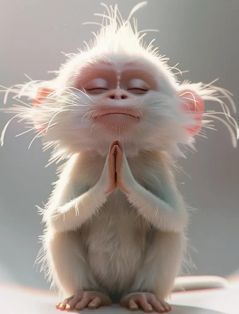 The image shows a white, fluffy monkey with its eyes closed and hands clasped in prayer. The monkey has a serene expression on its face, suggesting a state of peace and tranquility. Its fur is soft and silky, and its body is perfectly still, creating a sense of stillness and calm. The background is a soft, blurred white, adding to the overall peaceful atmosphere of the image.  The monkey's posture and expression suggest a connection to spiritual or meditative practices.