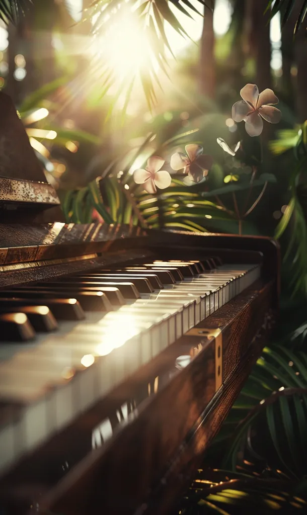 A close-up of a vintage piano with sun-dappled foliage in the background. The piano keys are in focus, with the sunlight reflecting off their surface. The lush green leaves and delicate white flowers add a touch of natural beauty to the scene. The image suggests a peaceful and tranquil atmosphere.