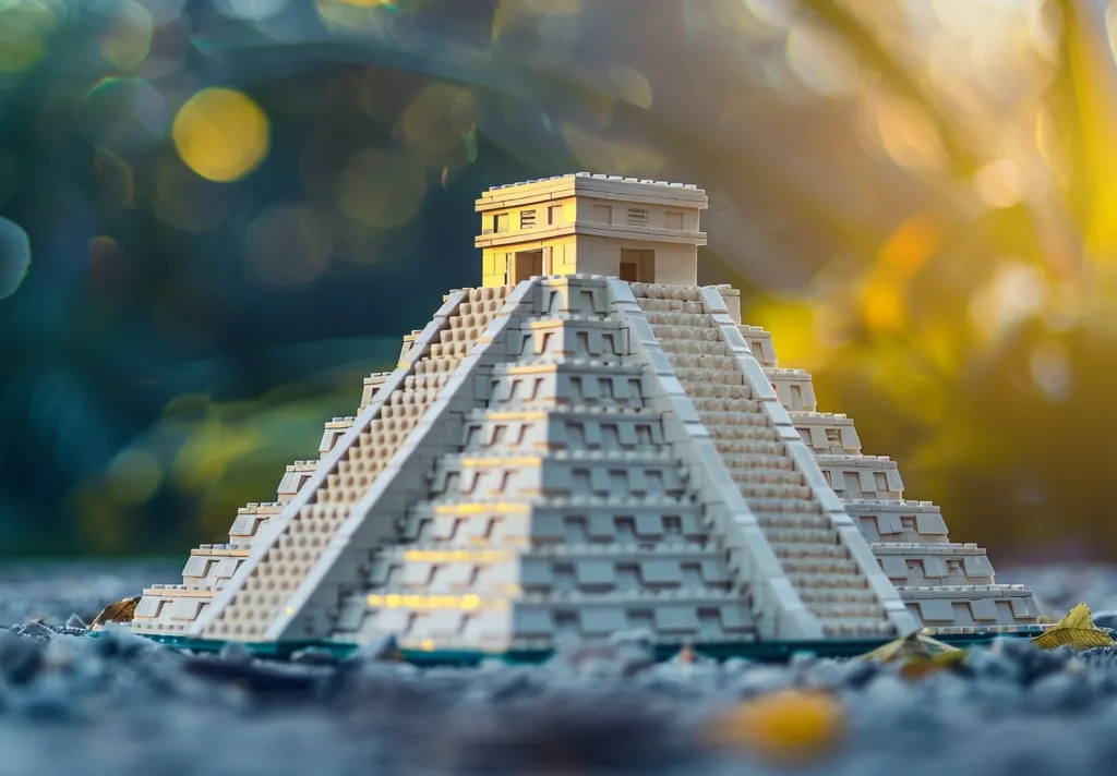 A miniature model of a Mayan pyramid made from Lego blocks sits on a bed of pebbles. The pyramid has a flat top and is layered with small rectangular blocks.  It is bathed in warm sunlight, and a blurred background of green and yellow foliage suggests it is outdoors. The model is made with great detail, and it looks like a miniature version of the real thing.