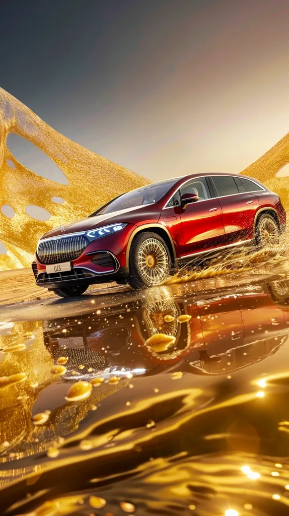 A sleek, red SUV drives through a golden liquid, leaving a trail of shimmering droplets behind.  The car's  large,  metallic wheels  sparkle in the sunlight,  creating  a mesmerizing effect.  The  golden liquid  surrounds  the car,  making it seem as though it's floating on a sea of gold.  The image is a striking combination of luxury, speed, and opulence.