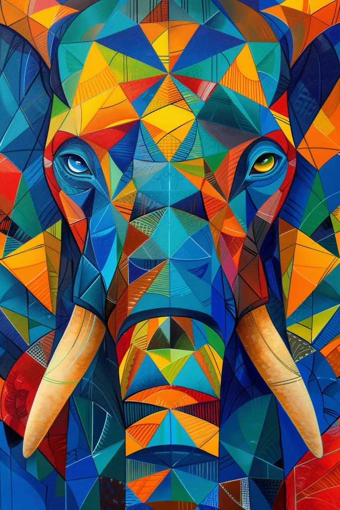 The image is an abstract, colorful depiction of an elephant's face. The artwork is composed of a geometric pattern of triangles and other shapes, using bright colors like blue, red, yellow, orange, and green. The elephant's eye and tusks are prominent features of the artwork. The overall effect is a bold and energetic interpretation of an animal.