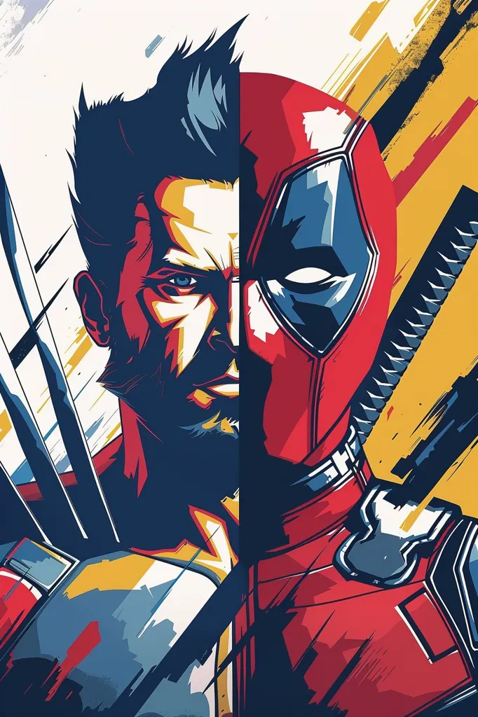 The image depicts Wolverine and Deadpool, two popular Marvel Comics characters, in a stylized, graphic design style. The two are shown as a split image, with Wolverine on the left and Deadpool on the right, their faces almost touching. Their costumes are bold and colorful, and the background is a mix of bright colors and brushstrokes. The image is dynamic and visually striking.