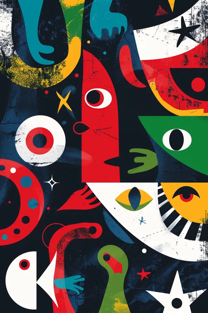 The image is a colorful abstract design with a dark blue background. It features a variety of shapes, including circles, stars, and abstract figures. The shapes are all layered and overlapping, creating a sense of depth and movement. The image is dominated by red, yellow, and green colors, but there are also elements of blue, white, and black. The overall effect is bright, energetic, and playful.