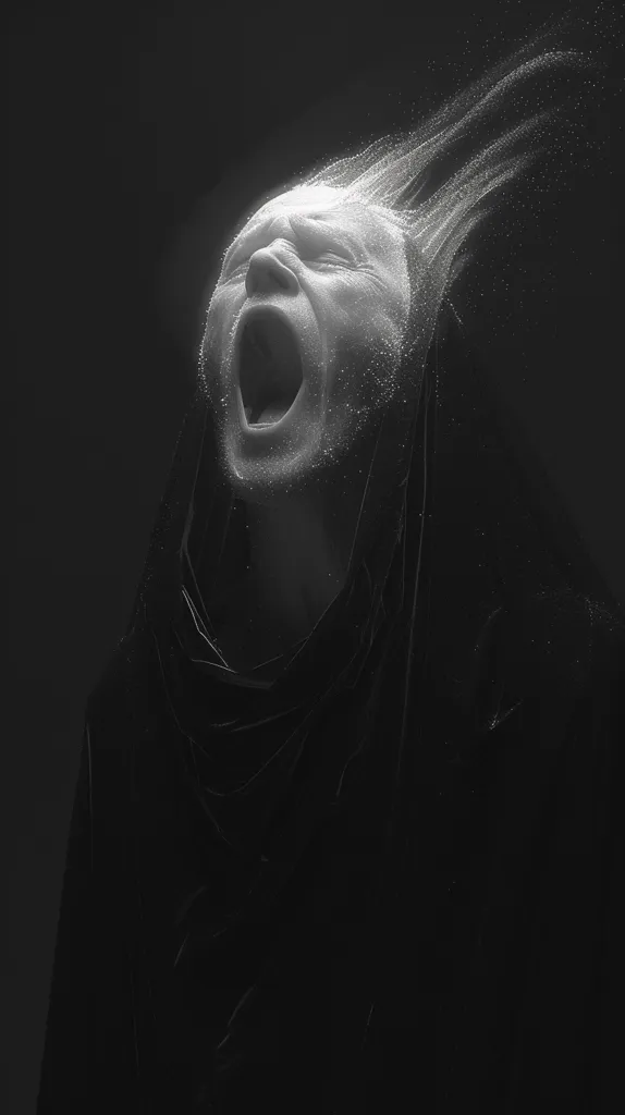 The image is a black and white portrait of a person in a dark hooded cloak. The person's face is contorted in a scream, and their hair is flying out behind them as if they are being blown by a strong wind. The image is dark and dramatic, and it creates a sense of fear and anxiety. The person's expression is one of pure terror, and the image suggests that they are in a state of great distress.  The image is likely intended to be symbolic, representing the feeling of being overwhelmed by fear or despair.