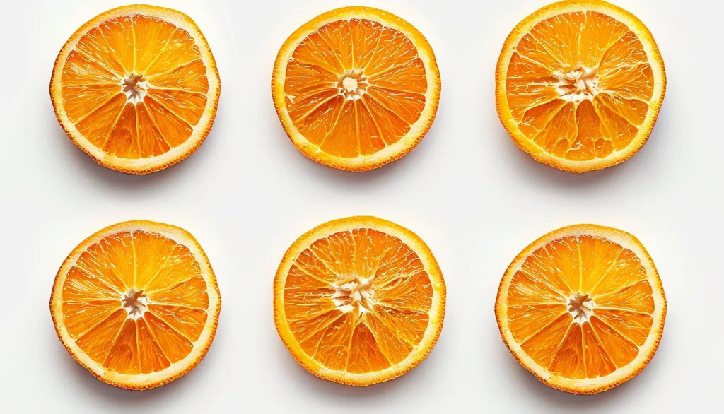Six perfectly sliced orange rounds are arranged in two rows of three on a white background. The orange slices are illuminated from the top, showcasing their vibrant orange color and intricate segmented structure. The image captures a clean and minimalistic aesthetic, highlighting the natural beauty of the fruit.