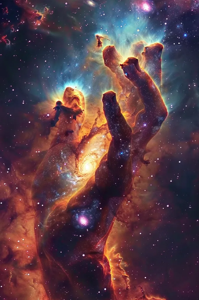 A cosmic hand reaches up from a fiery, swirling nebula, filled with bright stars and glowing gas. The hand's fingers are long and slender, formed by the dense gas and dust of the nebula. The background is a vast, dark expanse of space, studded with countless stars. The image evokes a sense of wonder and awe at the vastness and beauty of the universe.