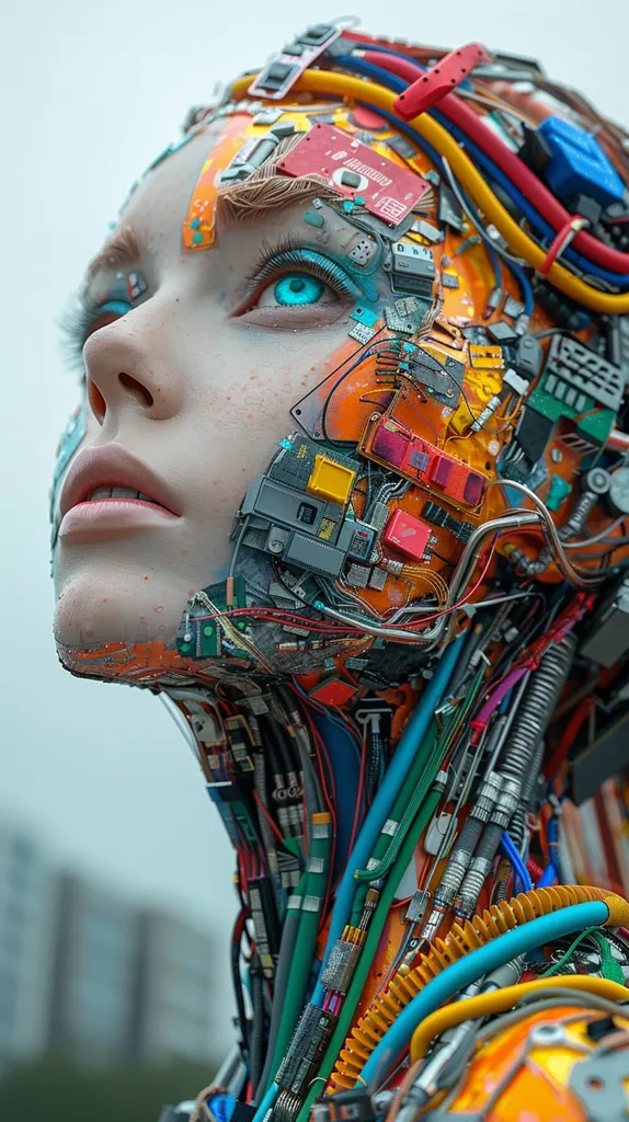 A woman's face, covered in colorful wires and circuits, looks upwards. Her blue eye is the only part of her face that is not covered. The image is a futuristic concept of a human being merged with technology. The intricate network of wires and circuits suggests a complex and interconnected system. The woman's expression is one of wonder and perhaps a hint of fear.  The background is blurry, highlighting the focus on the human-machine fusion.