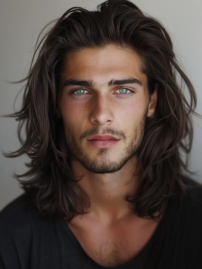 A young man with long, dark brown hair, a neatly trimmed beard, and piercing green eyes stares intently at the camera. His face is clean-shaven, and his skin is smooth and flawless. He is wearing a black t-shirt, and his hair is styled in a loose, casual way. He appears to be in his early twenties and has a strong jawline and a confident expression.