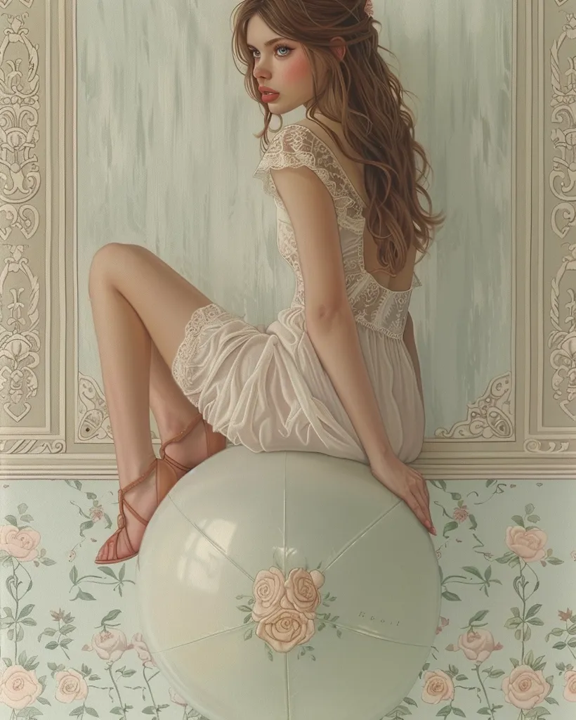 A young woman with long brown hair, wearing a white lace dress, sits on a large, green, round object. She has a delicate, ethereal beauty and her gaze is directed to the left of the frame. The background features a light green wall with floral wallpaper. Her feet are adorned with brown sandals. The image exudes a sense of calmness and innocence.