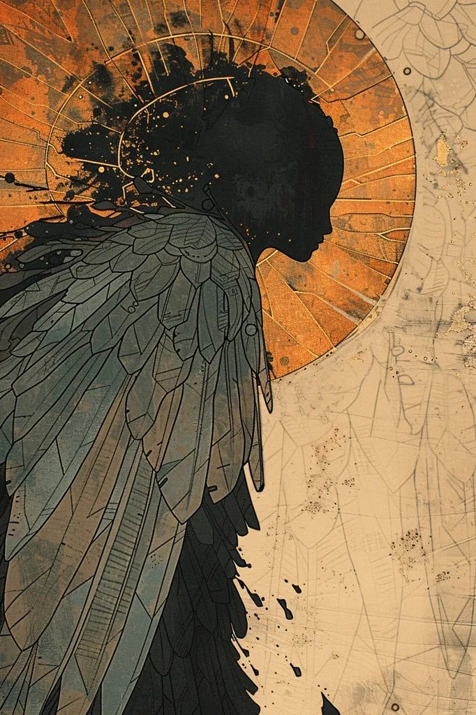 The image depicts a shadowy figure with large wings, standing against a backdrop of textured, cream-colored paper. The figure's head is obscured by a halo of darkness, while their body is partially obscured by the wings. The wings are made up of intricate, geometric patterns and are shaded in a palette of greys and browns. The background features a faint, golden, circular pattern with lines radiating outwards.  The overall effect is one of mystery and intrigue, with the figure's identity remaining concealed.