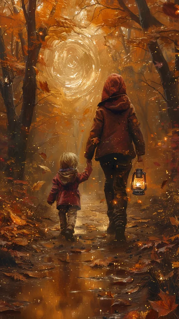 An adult and a child walk through a magical forest. The path is covered in fallen leaves and bathed in the golden light of a swirling portal. The adult carries a lantern and wears a hooded cloak, while the child is bundled up in a red coat. The atmosphere is peaceful and serene.