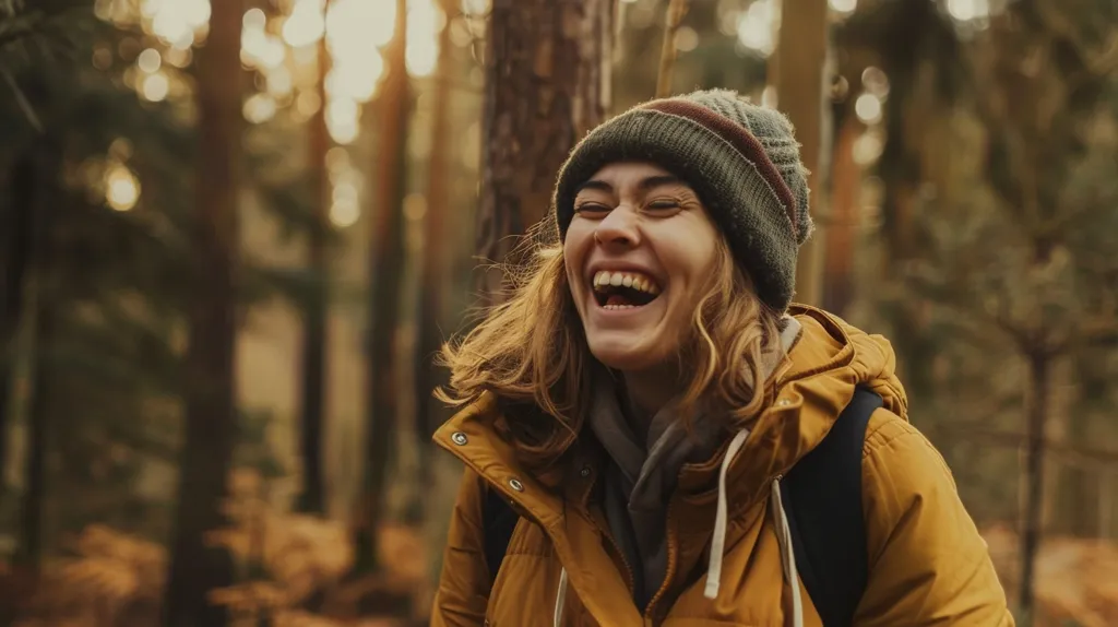 A young woman with long, curly hair, wearing a brown beanie and a yellow jacket, laughs heartily while standing in a forest. The trees are blurred in the background, creating a soft and dreamy atmosphere. The sunlight filters through the leaves, casting a warm glow on her face.  Her bright smile and the peaceful setting suggest a moment of pure joy and contentment.