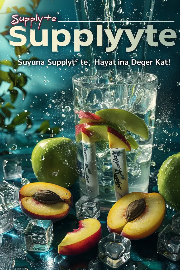 A glass of water with ice and fruit slices, surrounded by other fruit and ice cubes on a teal surface. The glass has "Supply+te" written on it, and the background has the word "Supplyyte" in large white letters with the phrase "Suyuna Supply+te, Hayat ina Deger Kat!" written below. The image is a refreshing and vibrant depiction of the brand's product.  The water is pouring into the glass and splashing droplets of water around it.  There are two fruit slices in the glass, a green apple slice and a red peach slice.  The fruit slices are arranged in a pleasing way and make the image more appealing.