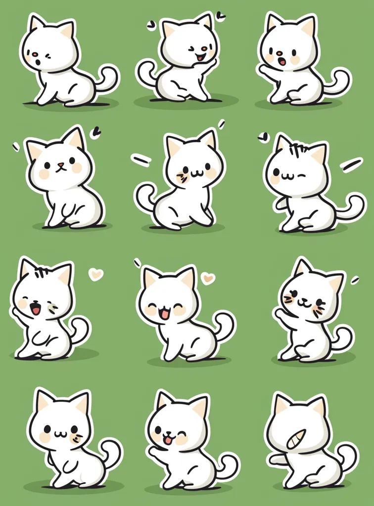 The image shows 12 cartoon cats in various poses. They are all white with black eyes and noses. Some are smiling, some are winking, and some are simply looking at the viewer. All cats are surrounded by a green background with small, white hearts and stars.  The cats are drawn in a simple, cute style.