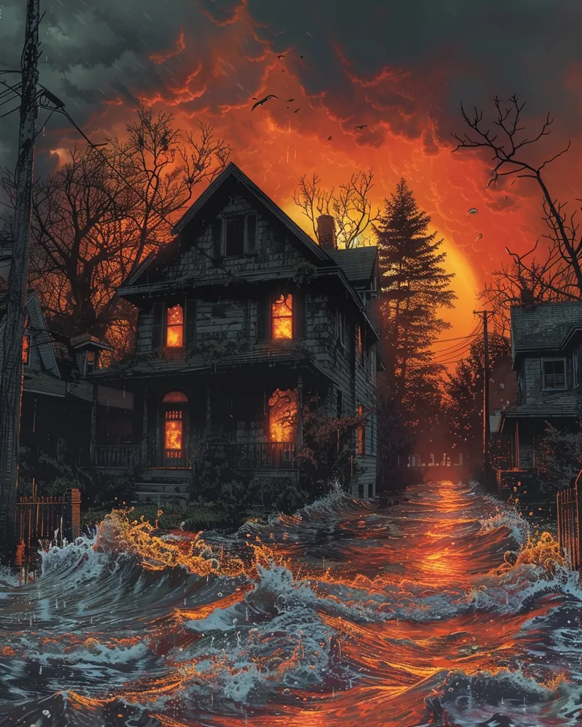 A dark, ominous house sits on a street engulfed by an angry sea of orange and blue waves. The house has windows with glowing orange light, suggesting a fire within. The sky is a fiery red, filled with dark clouds and silhouettes of birds. The scene suggests a world ravaged by a catastrophic event.