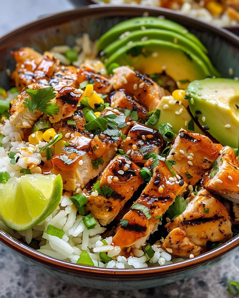A bowl of rice topped with grilled chicken, avocado slices, corn kernels, sesame seeds, and cilantro. The chicken is glazed with a teriyaki-like sauce, and there is a slice of lime on the side. The bowl is brown and blue, and the background is grey.