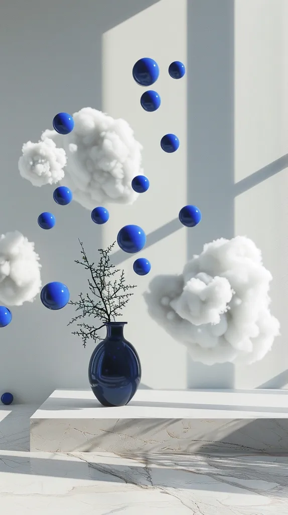 The image features a white marble platform with a blue vase filled with a delicate branch of small, dark leaves. Hovering above the platform, blue orbs are scattered amongst fluffy white clouds, creating a whimsical and minimalist scene. The background is a soft white wall with light casting intricate shadows, enhancing the ethereal feel of the composition. The image is a striking juxtaposition of minimalist shapes and delicate details, showcasing a sense of stillness and ethereal beauty.