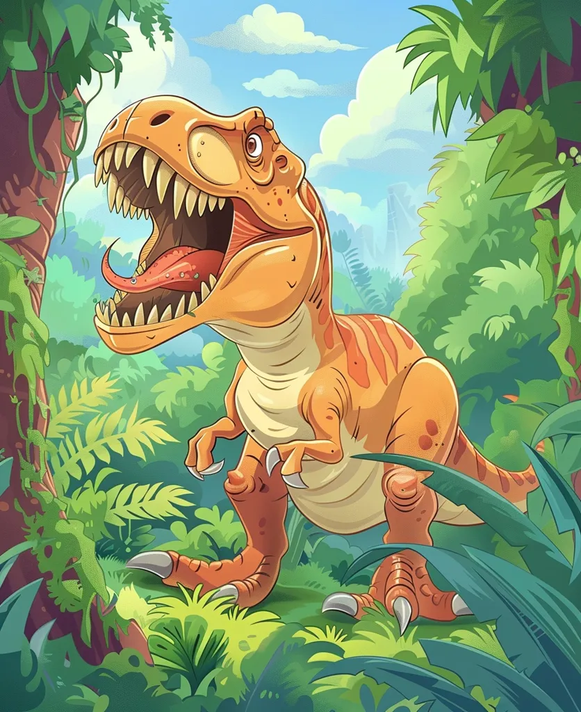 A cartoon Tyrannosaurus Rex stands in a lush, green jungle. Its mouth is open, revealing sharp teeth and a long, pink tongue. The dinosaur is looking up, with a fierce expression on its face. The jungle is filled with dense foliage, including large leaves and ferns. The sky above is a bright blue with white clouds. The image is drawn in a cartoon style, with vibrant colors and exaggerated features.