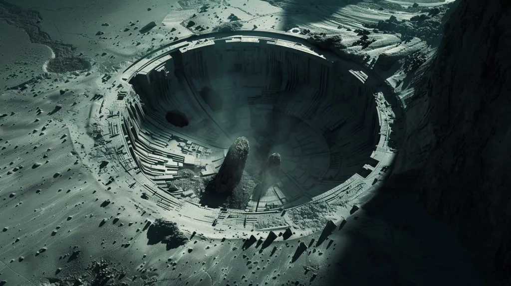 An aerial view of a vast, circular crater on a desolate, grey landscape. The crater's walls are layered with intricate, geometric patterns, suggesting a long-forgotten civilization. Two large, jagged rocks stand at the bottom of the crater, adding a sense of mystery and intrigue. The image evokes a feeling of isolation and the passage of time.