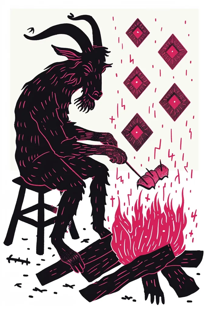 A black goat-like creature sits on a stool in front of a roaring fire. It holds a stick with a piece of food on it over the flames.  Behind the creature are five diamond-shaped symbols with a black and pink design.  There are also symbols like crosses and lightning bolts around the creature and the fire.  The background is a creamy white color.