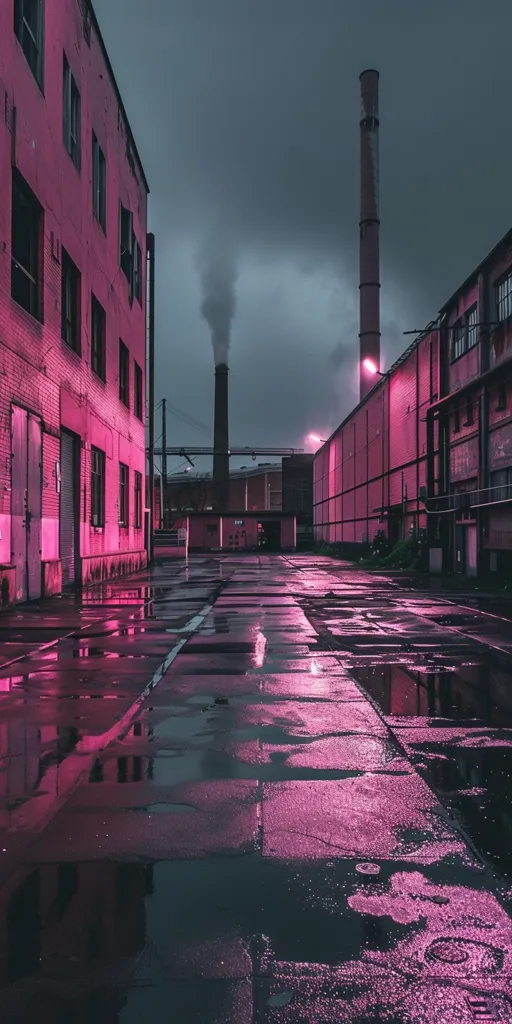 The image shows a narrow, wet alleyway between two brick buildings. The buildings are illuminated with a pink glow, reflecting in puddles on the pavement. A tall smokestack rises above the buildings, emitting smoke into the cloudy sky. The alleyway creates a sense of mystery and isolation.