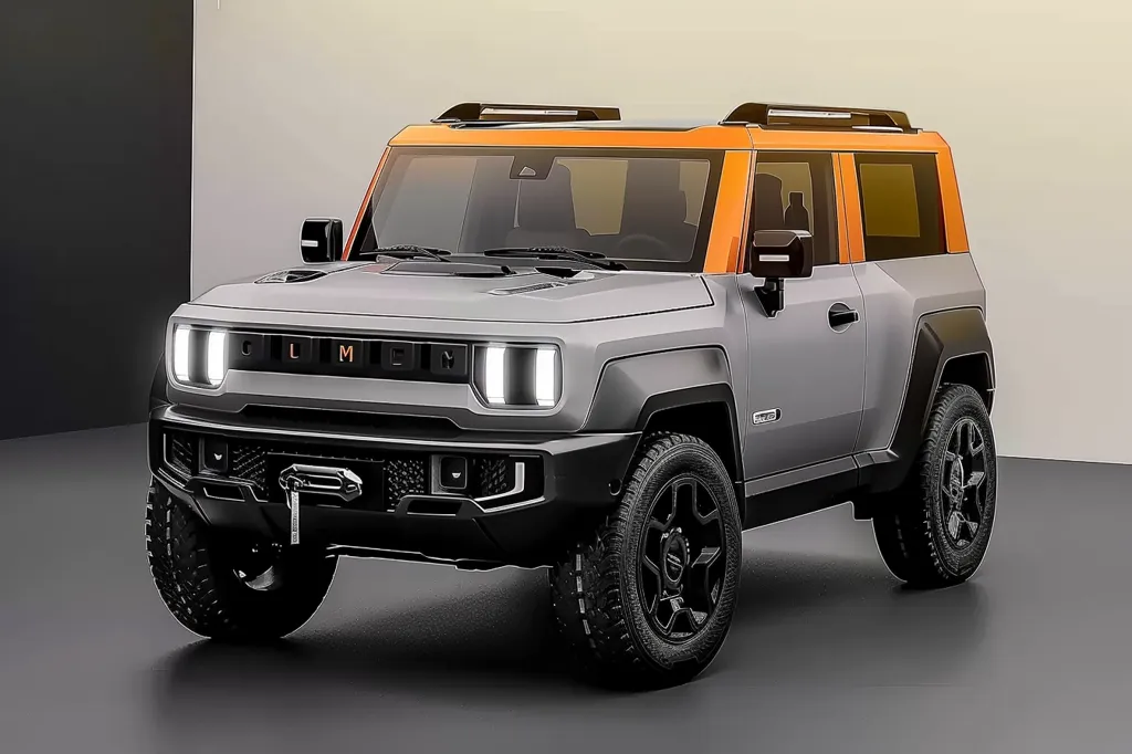 The image shows a gray SUV with orange accents. The car has a rugged appearance with large tires and a black bumper. The headlights are on and the car is parked on a gray surface against a white background. The "CLMEN" logo is visible on the front grille.