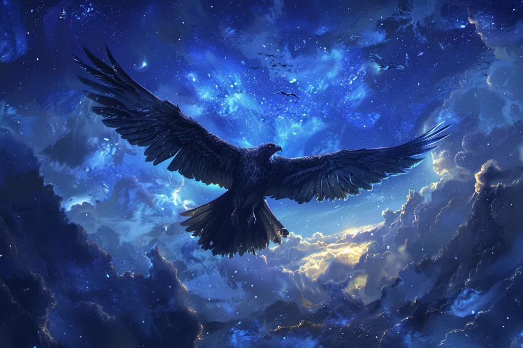 A large, dark bird with powerful wings soars through a sky filled with fluffy white clouds and sparkling stars. The sun peeks through the clouds, casting a warm glow on the scene. The bird's black feathers stand out against the vibrant blue sky, creating a dramatic and beautiful image.  The image evokes a sense of freedom, mystery, and wonder.
