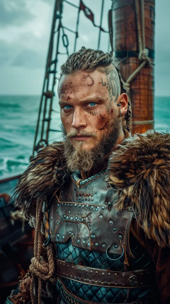 A Viking warrior, with a long beard and braided hair, stands on a ship. He is adorned in leather armor and a fur-lined cloak, his face marked with battle scars. The ocean stretches out behind him, creating a dramatic backdrop. The warrior's gaze is intense, filled with a sense of strength and purpose.  The image evokes a sense of power and history.