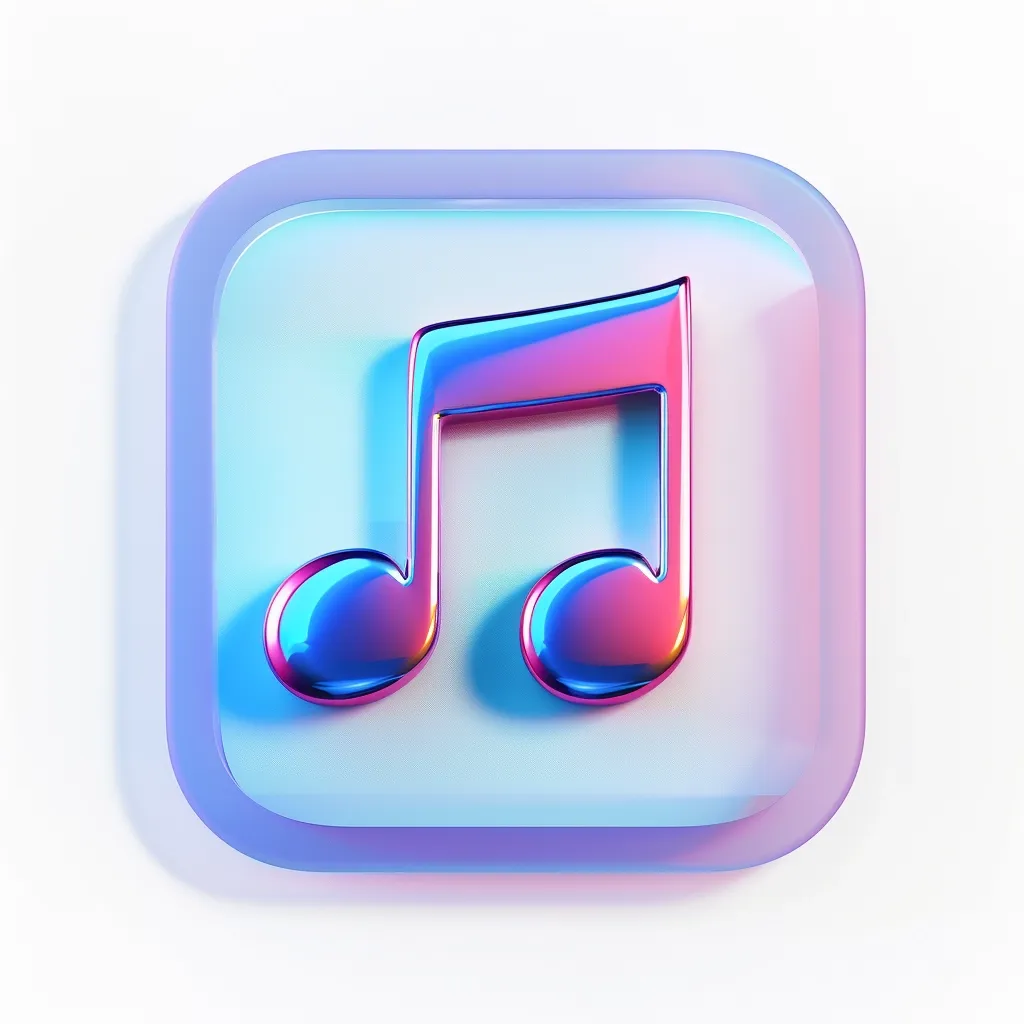 A square button with a rounded edge, set against a white background, has a shiny, metallic, iridescent pink and blue musical note icon. The button is framed in a soft, translucent blue border.  The icon is a universal symbol for music.