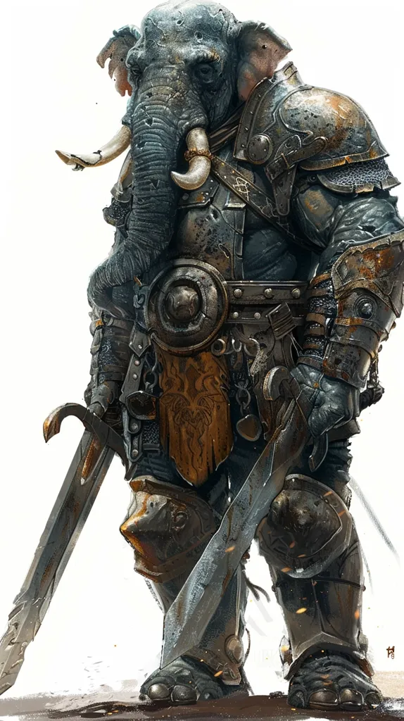 The image depicts a humanoid elephant warrior clad in heavy armor, holding two swords. The warrior has a stern expression and is standing on a dusty battlefield. The armor is worn and battered, suggesting many battles fought. The warrior's tusks are long and sharp, adding to the menacing appearance. The image is likely from a fantasy or sci-fi setting.