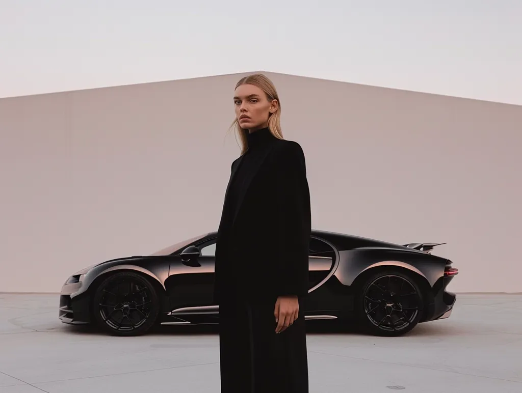 A woman in a black suit stands beside a sleek black sports car. The car is parked in front of a plain, light-colored wall. The woman is looking directly at the camera, her expression is serious. The image has a minimalist aesthetic, with a focus on sharp lines and simple shapes. The lighting is soft and even, creating a sense of calm and sophistication.  The image could be a advertisement or a fashion editorial.