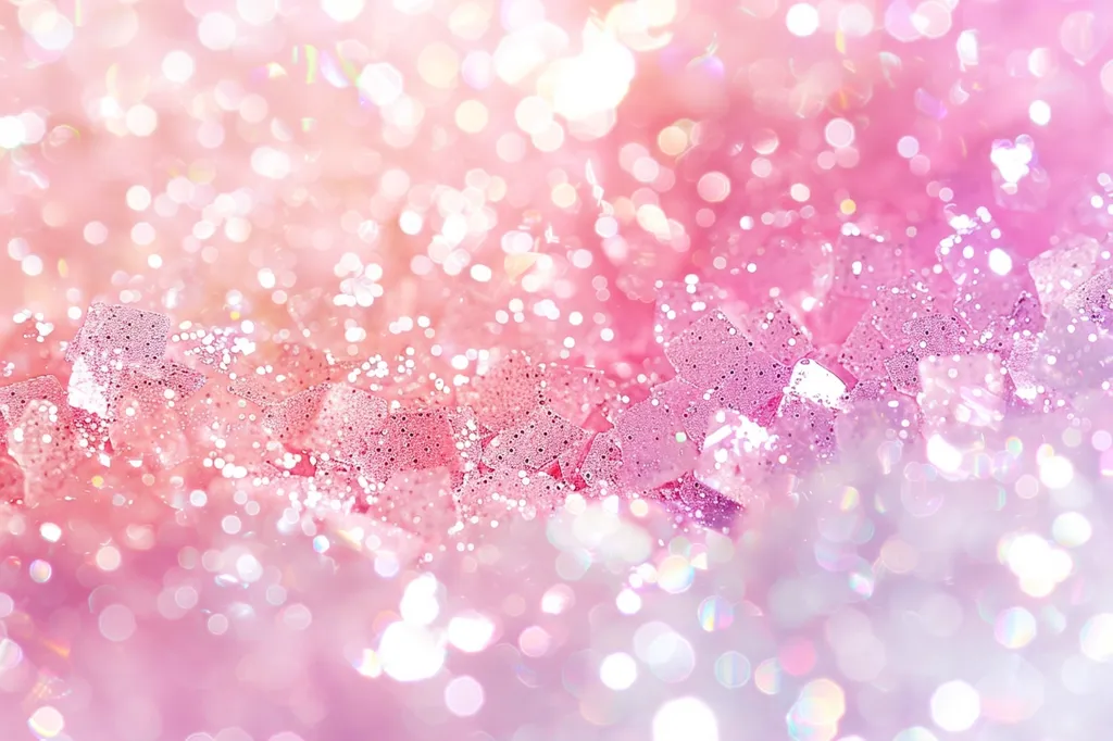 The image is a close-up of sparkling pink and white crystals, creating a shimmering and iridescent background. The light reflects off the crystals, creating a soft glow. The background is blurred, giving a sense of depth and ethereal beauty. The image is reminiscent of a dreamy, fairy tale world.